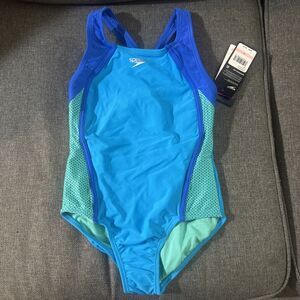 NWT Speedo Girls Swimsuit Size 10 One Piece Mesh Splice Cyan Blue Thick Strap